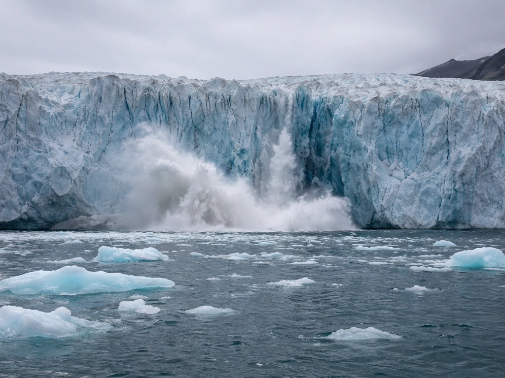Tidewater glacier calving at the ocean edge with icebergs breaking off and spray rising.