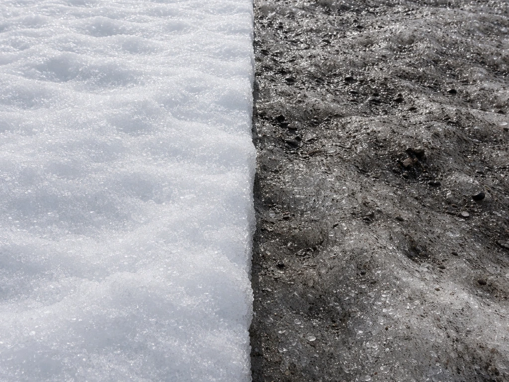 Side-by-side glacier surfaces: bright clean snow versus darker soot- or dust-covered ice