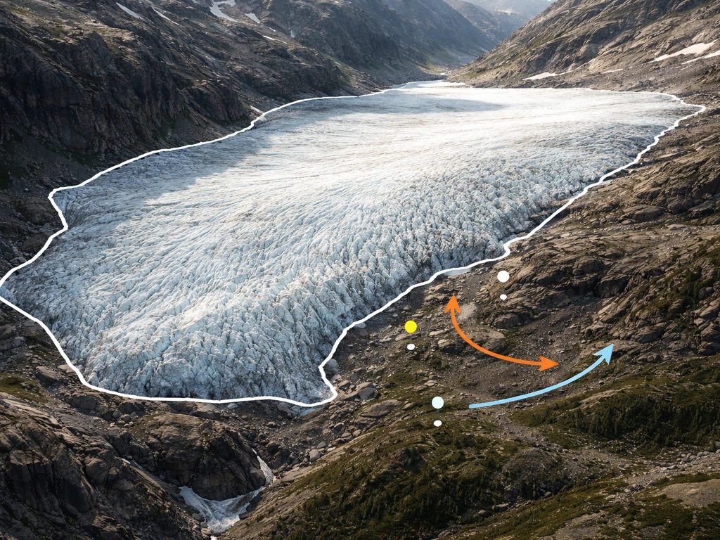 Minimal satellite view of a glacier with simple points and arrows indicating nearby weather trends.