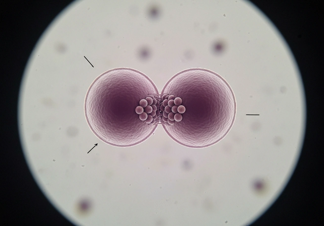 Close-up of a microscope view showing two dividing cell-like shapes with a clear mitosis split