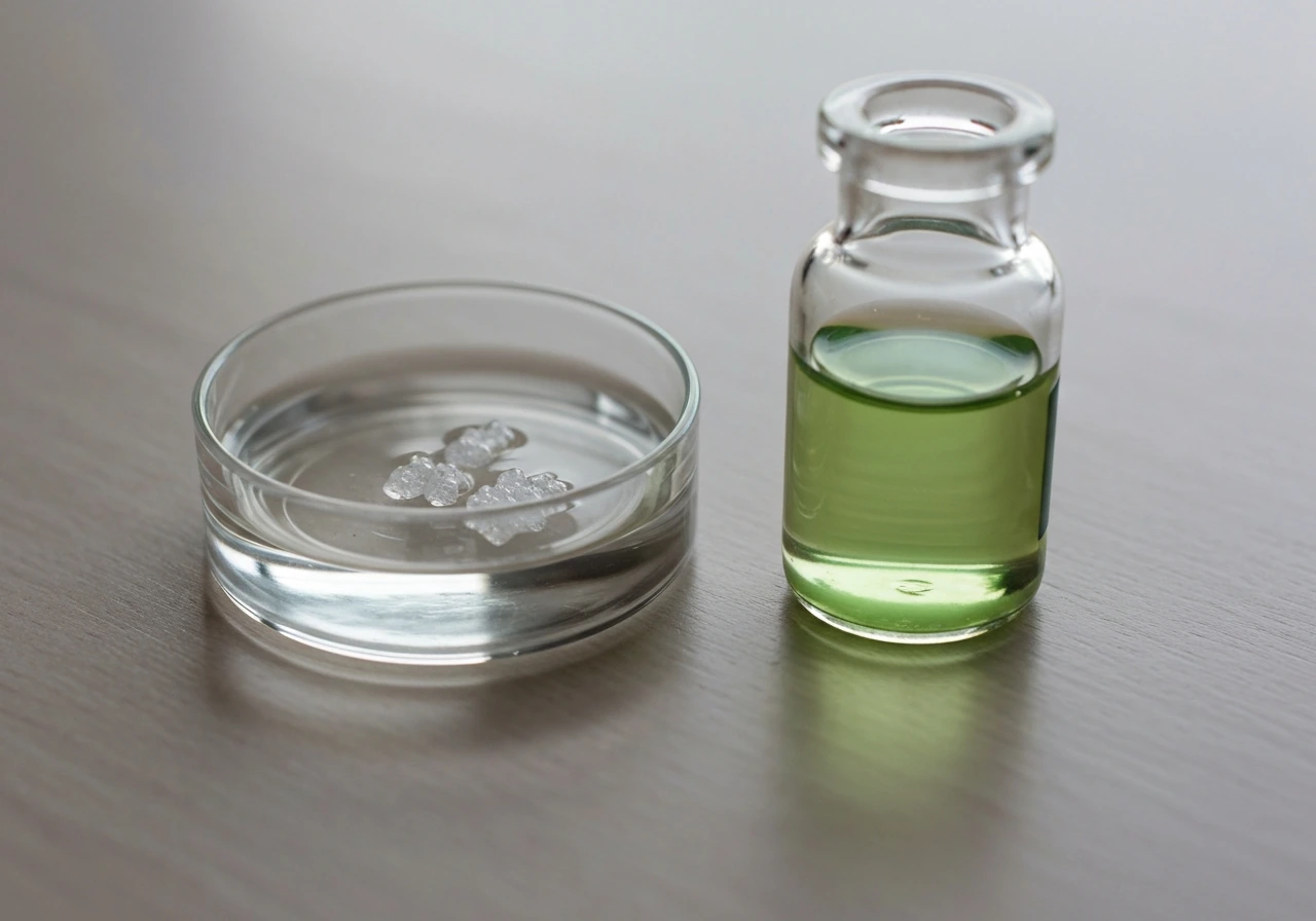 Close-up of two small glass dishes: crystals for building blocks and colored solution suggesting energy substrate.