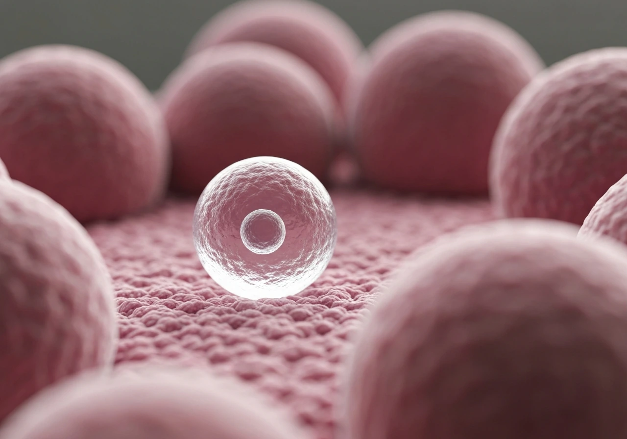 Close-up of a translucent sphere cell with surrounding dense tissue limiting its expansion