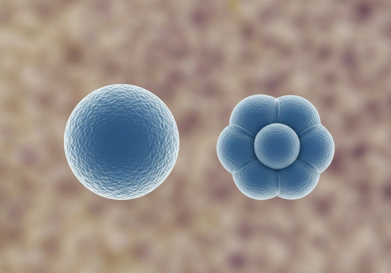 Close-up of growing tissue cells stopping division when packed against neighbors, with a smooth boundary and soft depth