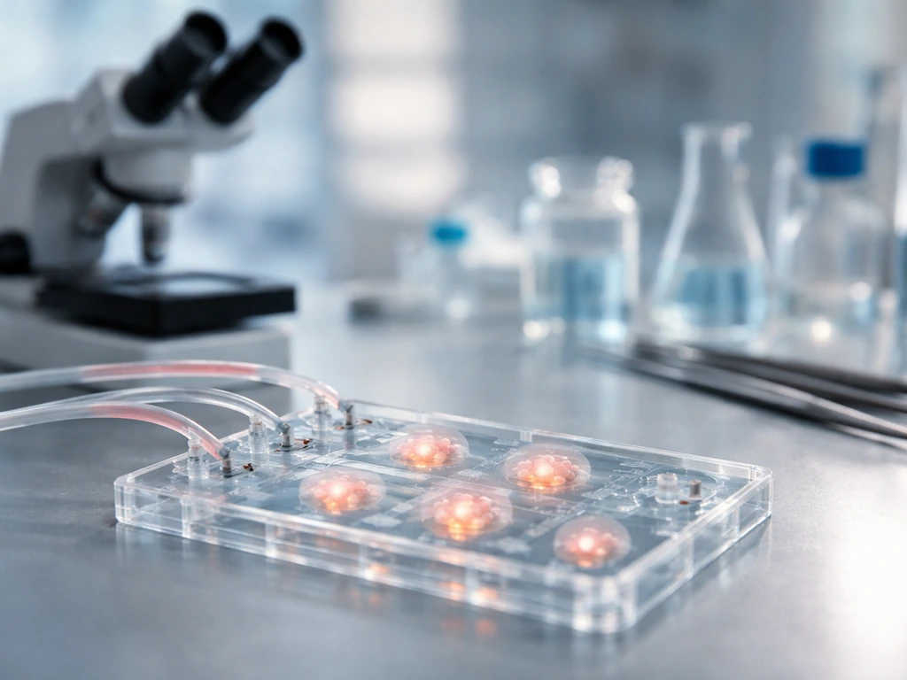 Lab microscope view of stem-cell culture in a clear microfluidic chip with softly glowing liver-like organoid clusters