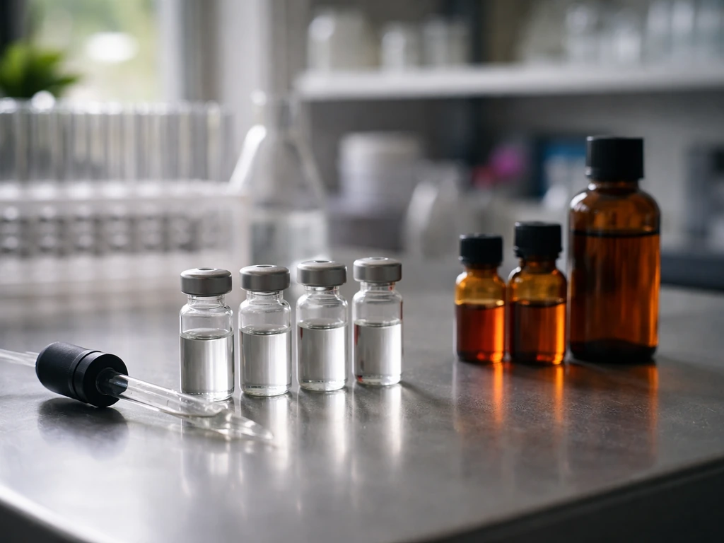 Close-up of a lab bench with glass vials and pipettes, suggesting chemical cocktails converting cells to liver progenito