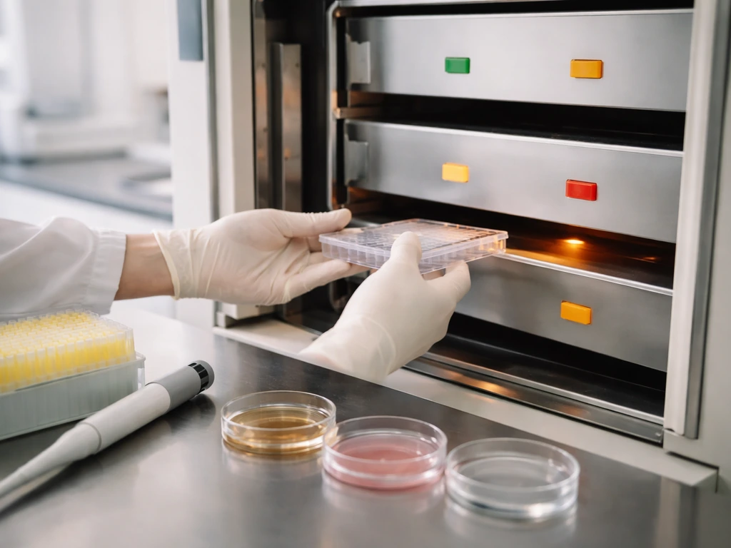 Gloved hands moving stem-cell culture plates through three staged media phases toward hepatocyte-like cells.