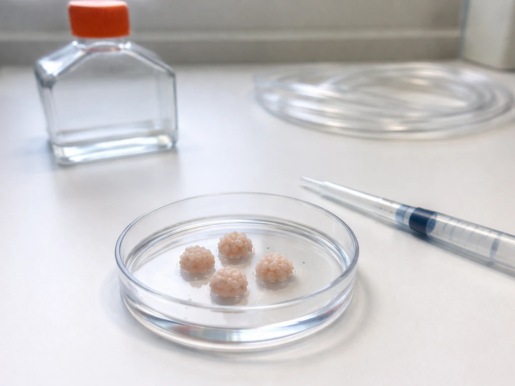 Small liver organoid clusters in a petri dish on a lab bench beside larger culture vessels and tubing.