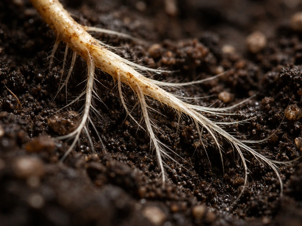 Macro view of plant roots with fine root hairs growing in moist, aerated soil particles.