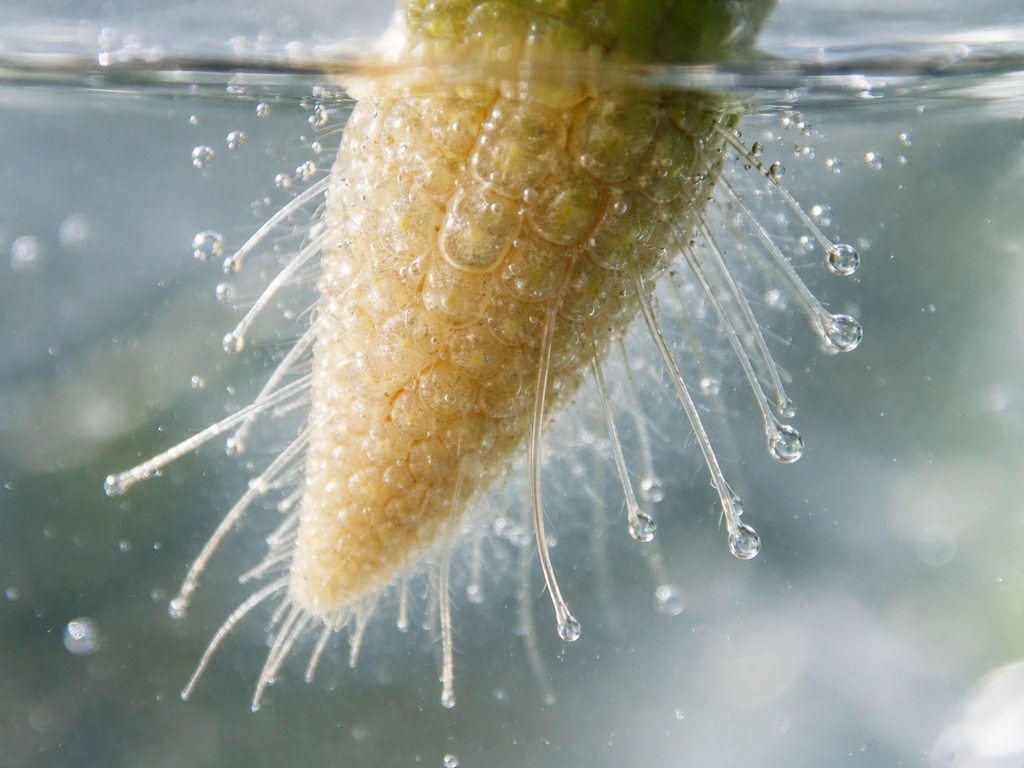 Macro view of a root tip in clear solution showing swelling from water and faint oxygen around root hairs