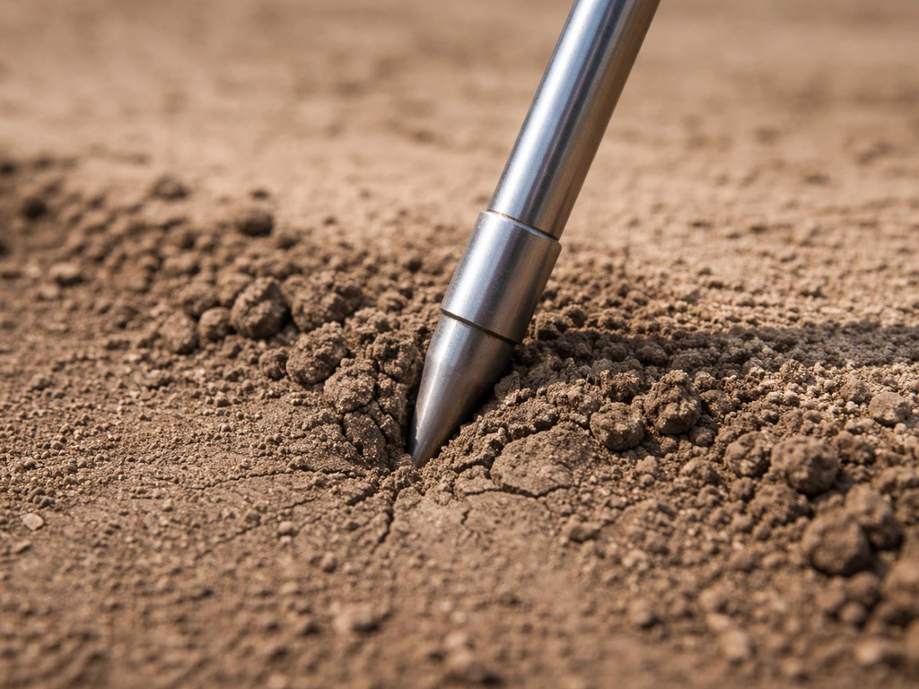 Penetrometer probe pushing into compacted soil, showing denser soil around the insertion point.