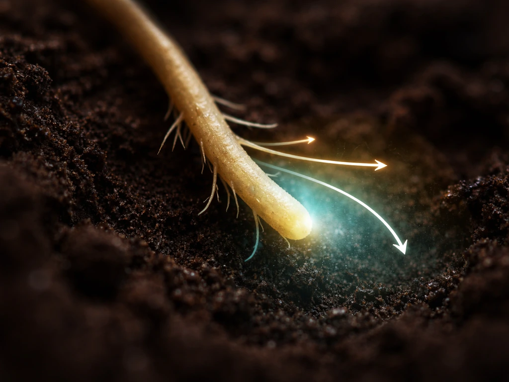 Macro view of a root in moist soil with subtle hormone gradient cues near the tip guiding growth direction.