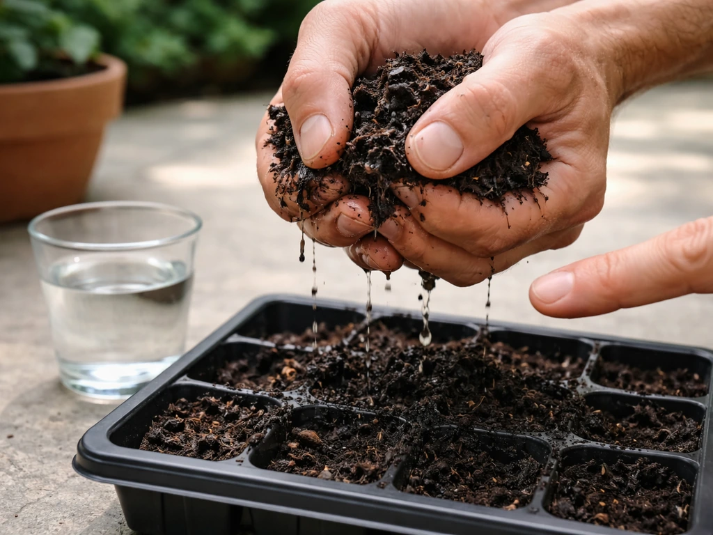 Close-up of hands squeezing dark soil to check drainage and air space, with potting tray nearby.
