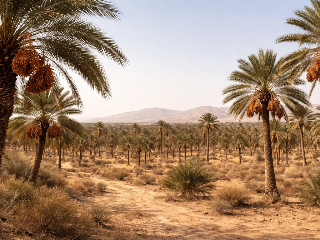 Panoramic view of a date palm grove in an arid landscape with ripening date clusters high on palms.