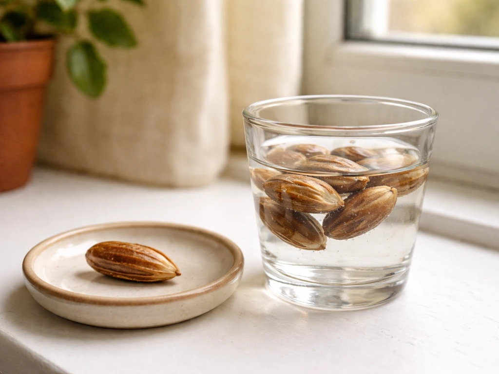 Close-up of date palm seeds soaking in clear water on a simple dish and glass setup.