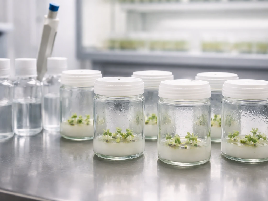 Sealed meristem culture containers with gel growth media on a clean lab bench, softly blurred background.