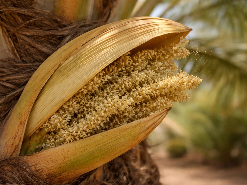 Close-up of a date palm flower spathe with visible spadices and tiny pollen dust in soft sunlight.