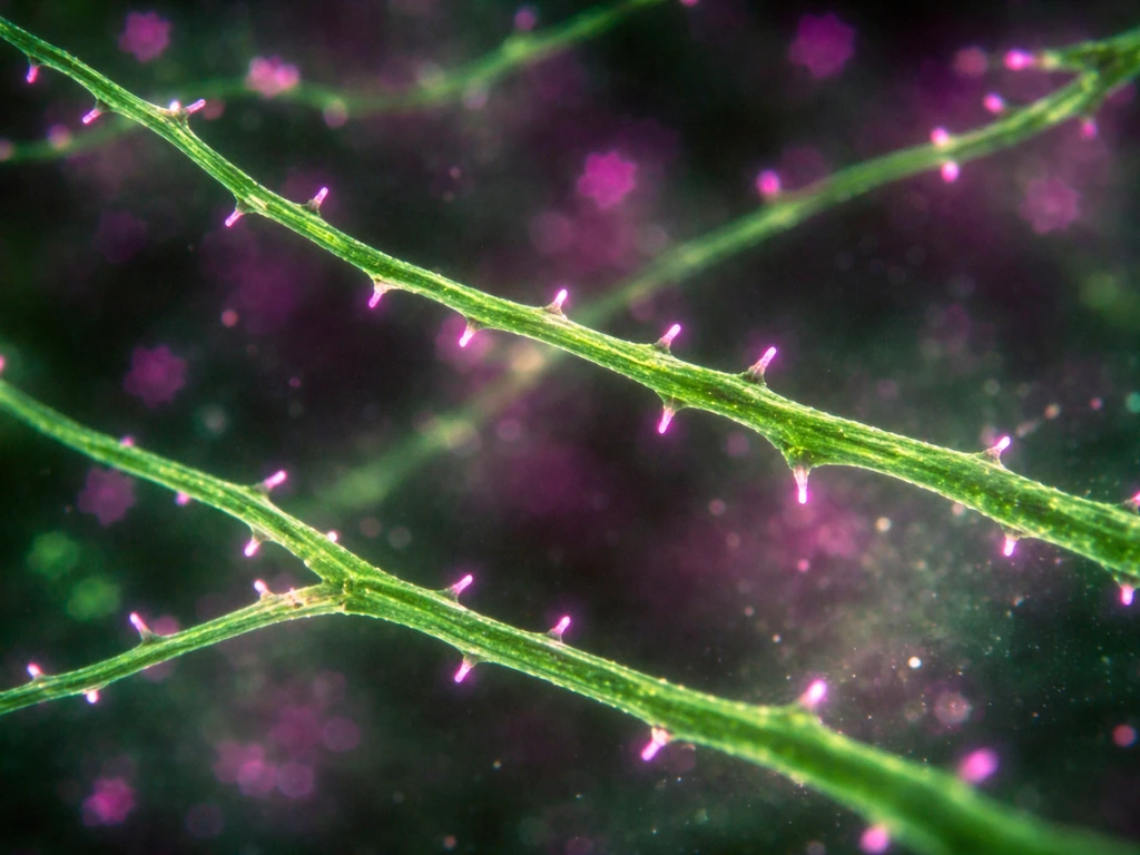 Fluorescently stained branching dendrites in brain tissue with spine-like synaptic protrusions forming