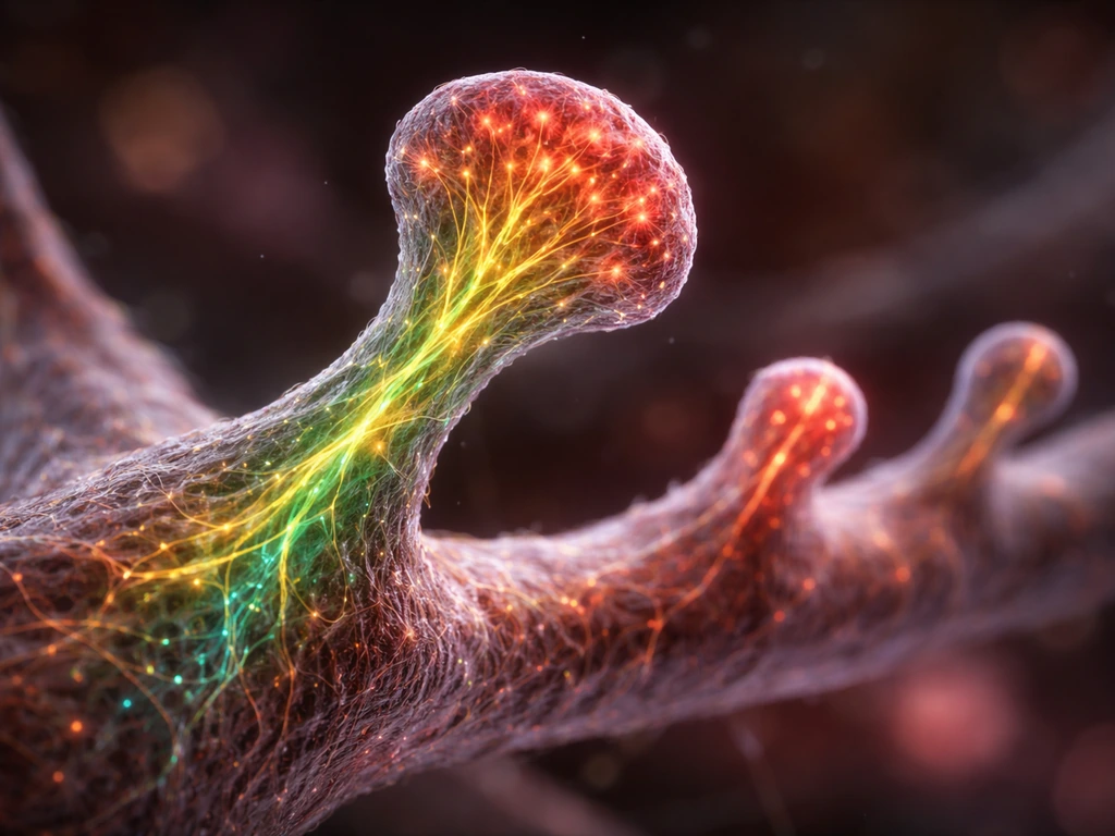 Close-up of actin filaments inside one dendritic spine with a nearby spine growing and retracting.