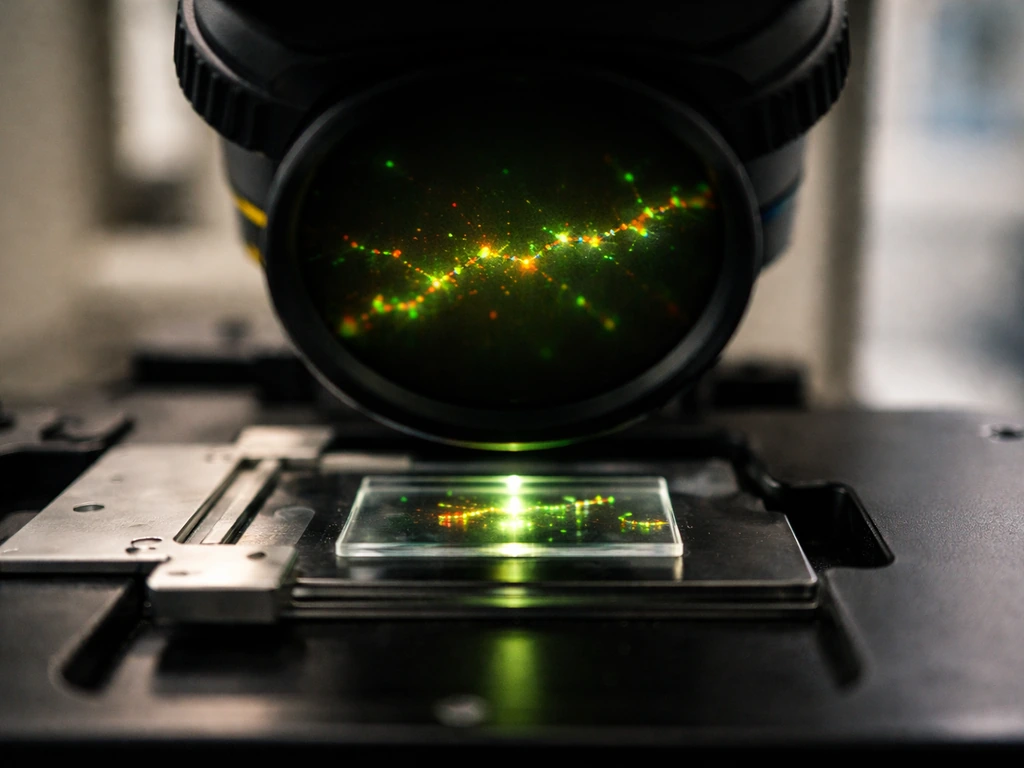 Confocal microscope view with fluorescent neuron dendritic spines showing overlapping synaptic signals.