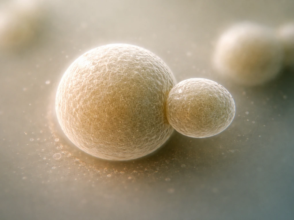 Microscope-style close-up of budding yeast with a parent cell forming a growing daughter bud.