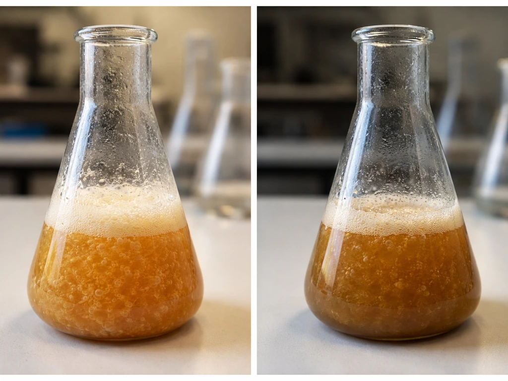 Two identical lab flasks side-by-side: active bubbling in sugar-rich media, minimal bubbling in limited conditions.
