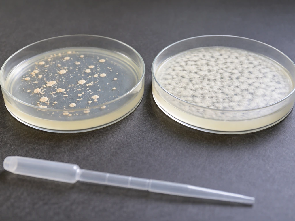 Two Petri dishes showing yeast colony growth reduced in a high-salt/high-sugar condition vs control.