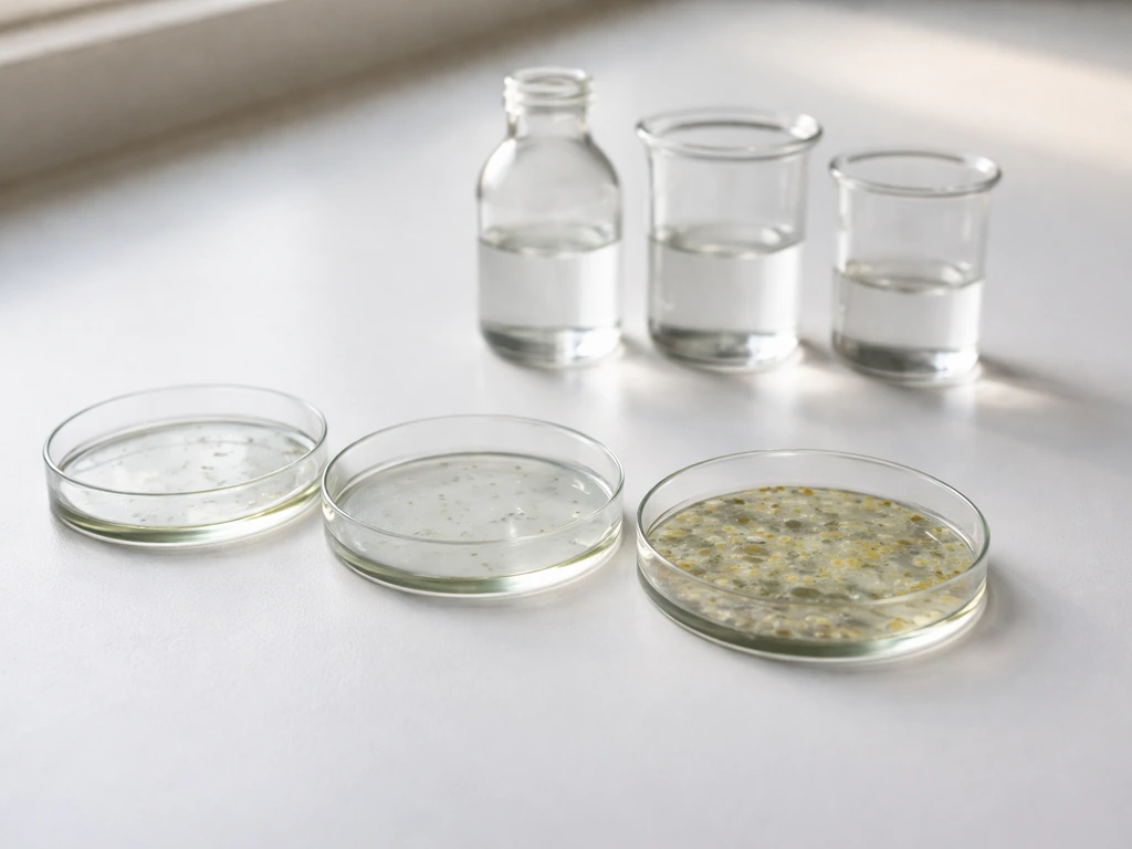 Minimal lab bench with several unlabeled glass containers showing reduced growth after ethanol exposure.
