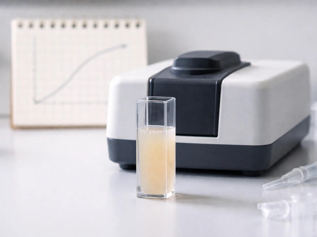 Bench-top spectrophotometer cuvette with yeast suspension and a simple time-readout style background.