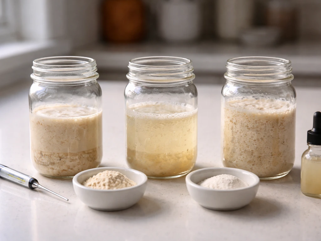 Three small jars of yeast starter on a kitchen counter showing different activity levels with simple cues.