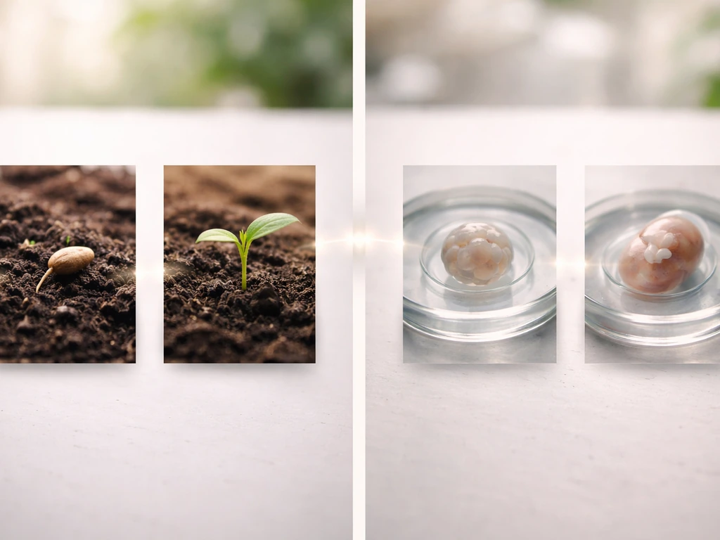 Minimal montage of sprouting plant stages and an animal development sequence connected by subtle timeline imagery