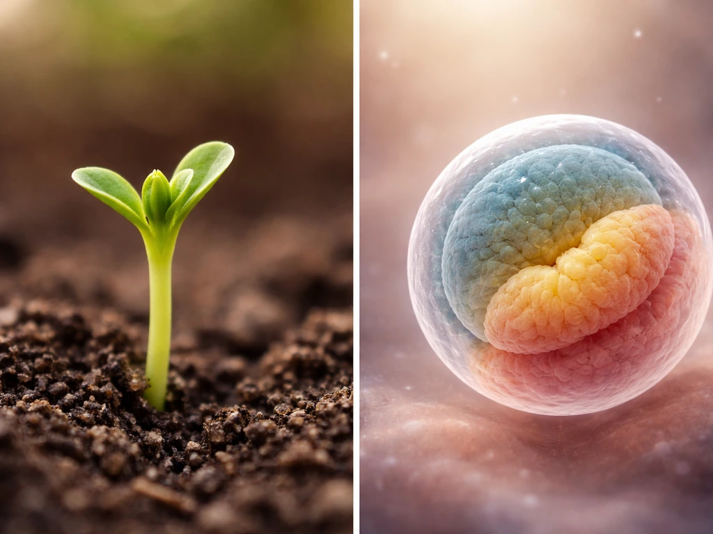 Split image: plant sprout growth tip on one side and early animal tissue development on the other.