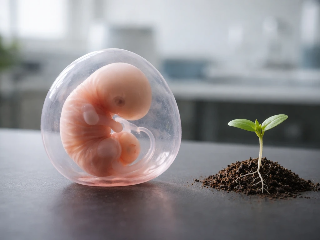Soft-lit developing embryo with tissue layers forming organ-like regions beside a sprouting plant root and shoot.