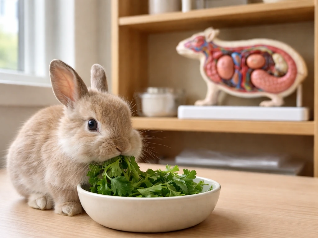 Young rabbit eating greens beside a blurred endocrine system model, linking feeding and hormone control.