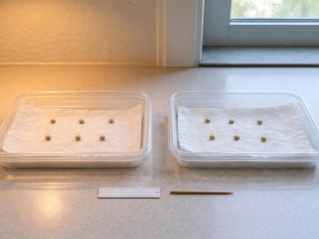 Two damp paper-towel trays of seeds, warm vs cool conditions, with different germination visible.
