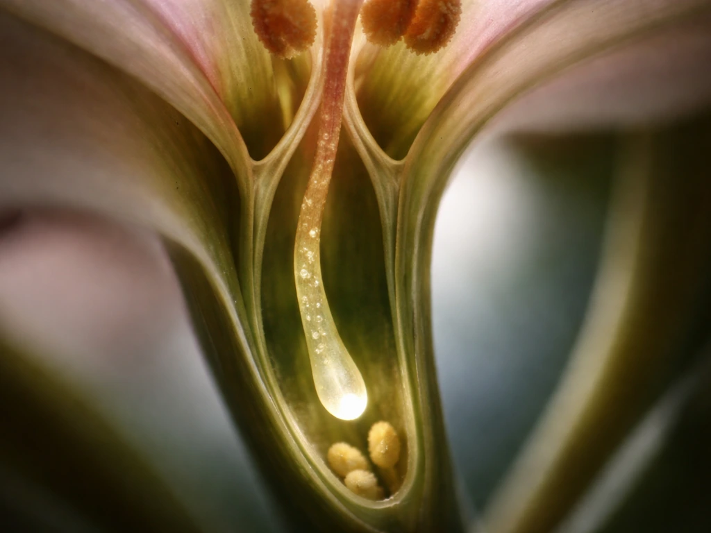 Macro view of a pollen tube growing downward through a plant transmitting tract toward the ovule.