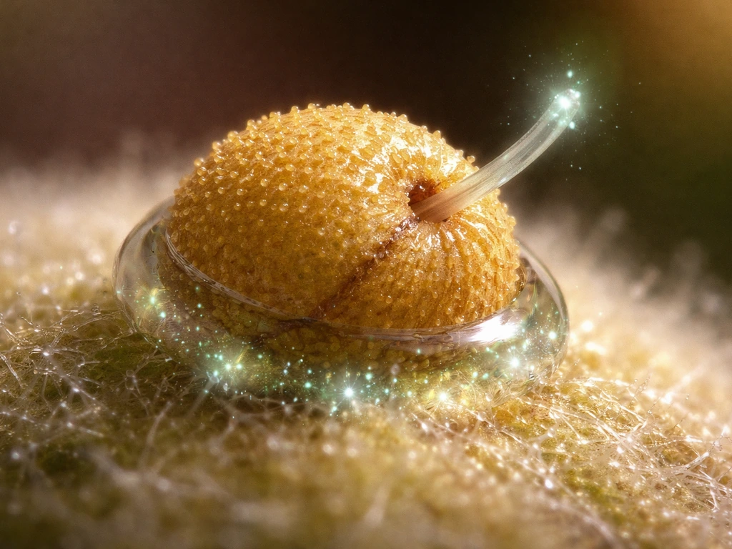 Single hydrated pollen grain on a stigma with early pollen tube emergence cues at the contact point.