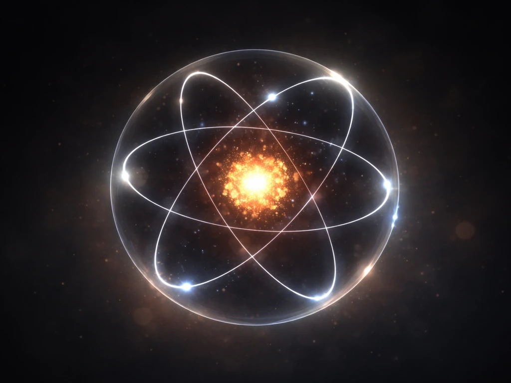 Conceptual atom cross-section with nucleus at center and glowing electron shells around it