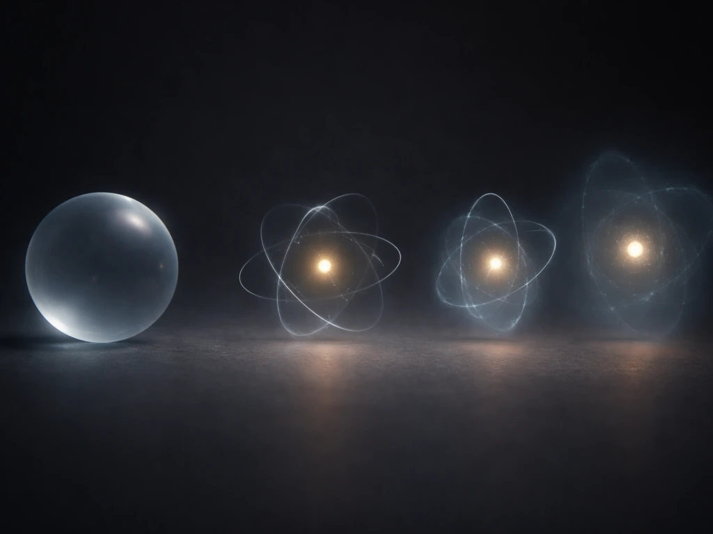 Minimal photo-style scene showing an atom concept: a tiny glowing core, surrounding blurred spheres, and size comparison