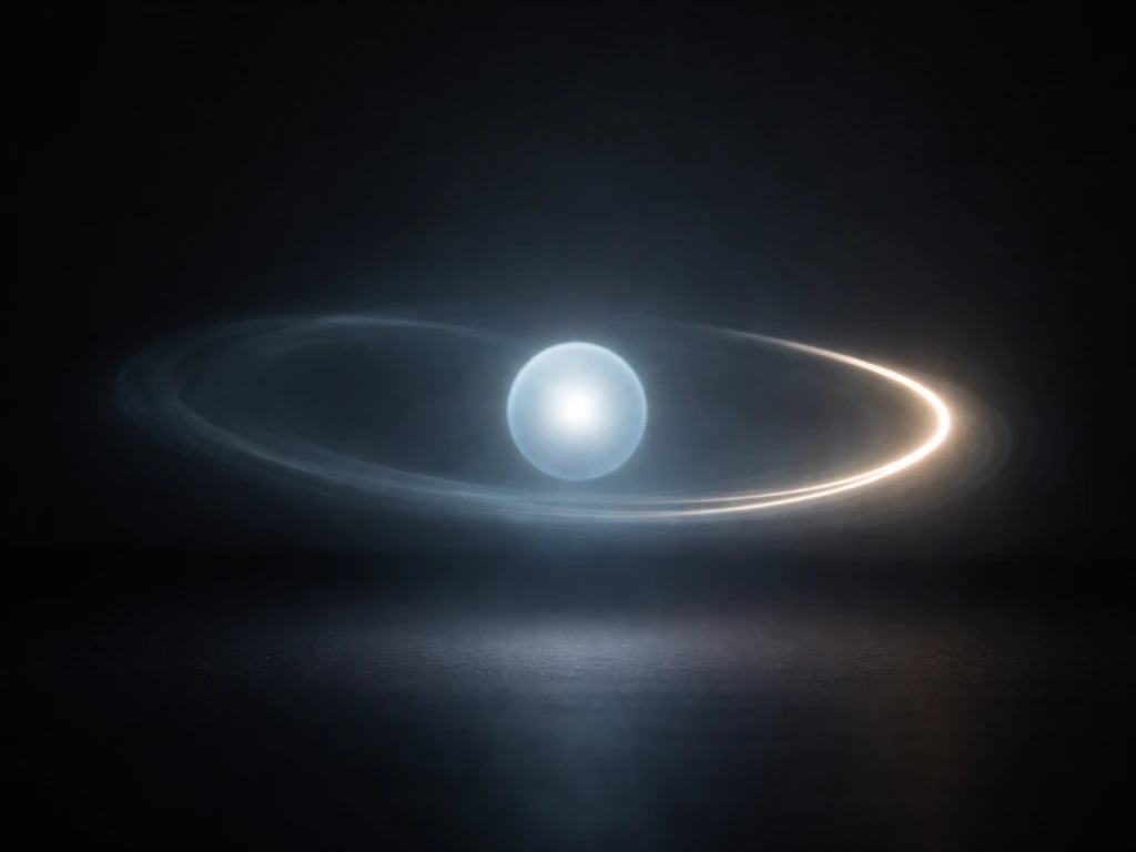 Minimal photo of a glowing atom-like sphere with an electron halo stretching outward, showing excitation.