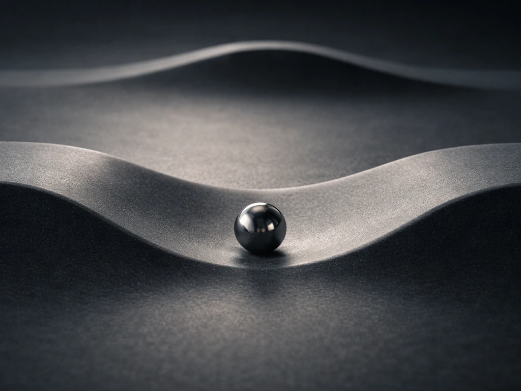 A small metal ball on a smooth surface held near a shallow curved ramp, suggesting limited expansion by stability.