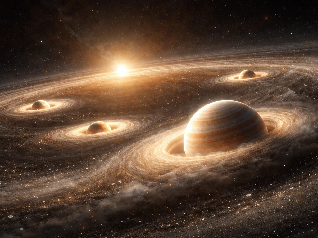 Four forming giant planets within a glowing protoplanetary disk, dust and gas accreting into gas giants.