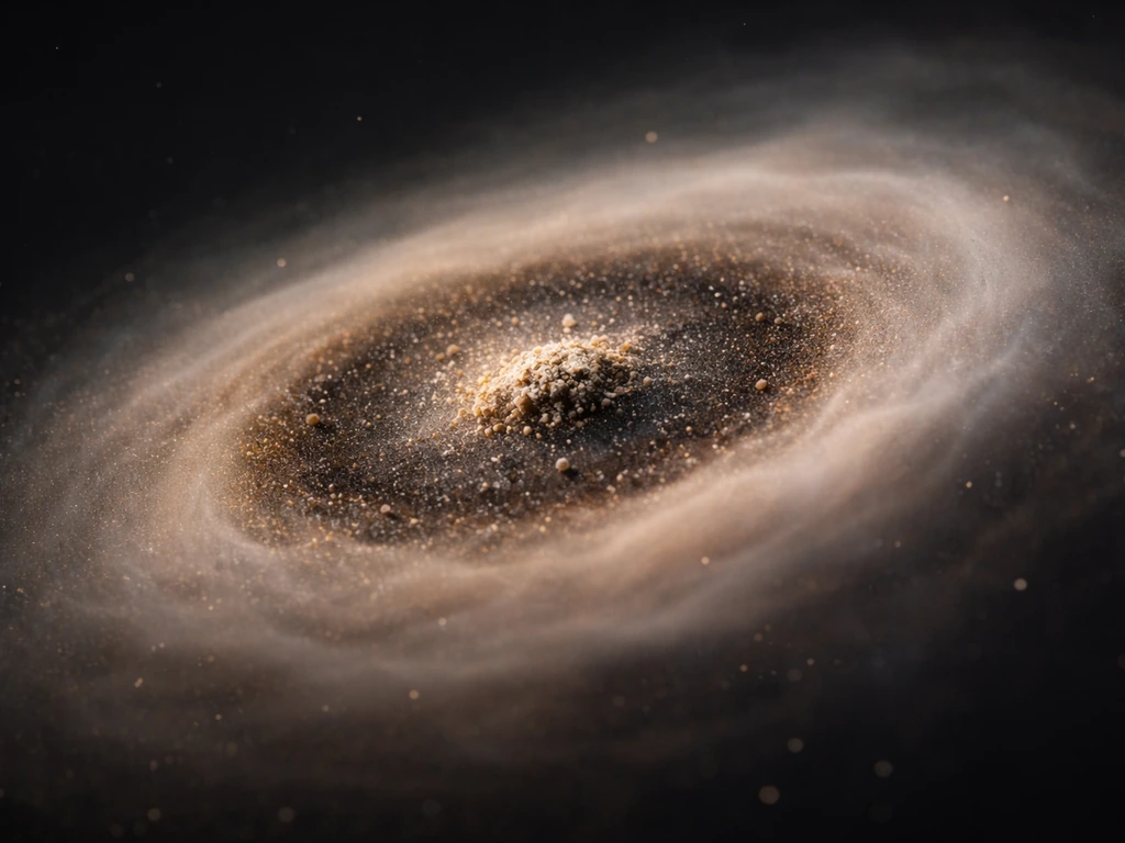 Dust and ice grains clump into a forming core with a faint expanding gaseous envelope around it.