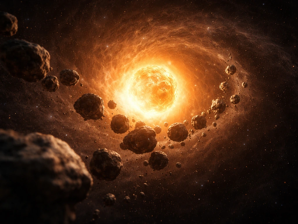 Close-up view of rocky planetesimals spiraling into a forming protoplanet core.