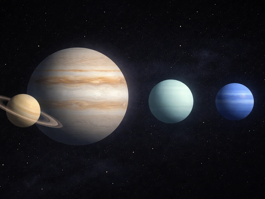 Jupiter- and Saturn-like large planets contrasted with smaller Uranus- and Neptune-like ice giants in space.