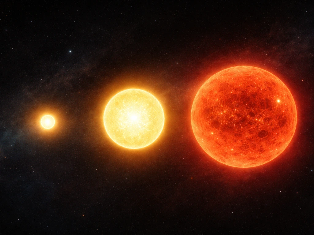 Three evolving star stages in space: compact protostar, larger main-sequence star, and wide red giant.