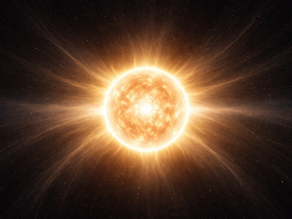 Glowing star with outward stellar wind particles and faint inward gravity arcs in a dark sky.