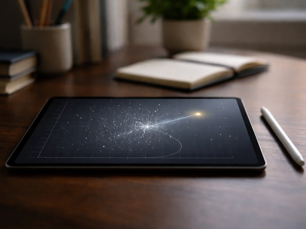 Minimal desk scene with a tablet showing a blank star-like scatter field for an H-R style diagram.