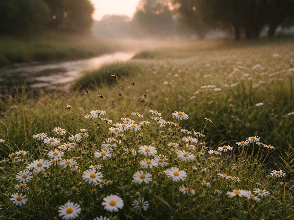Meadow with dense wildflowers near camera and sparser plants farther away, implying population growth then leveling off.
