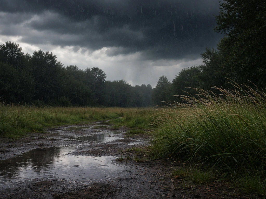 Minimal outdoor scene showing irregular rainfall and changing puddles suggesting unpredictable environmental conditions.