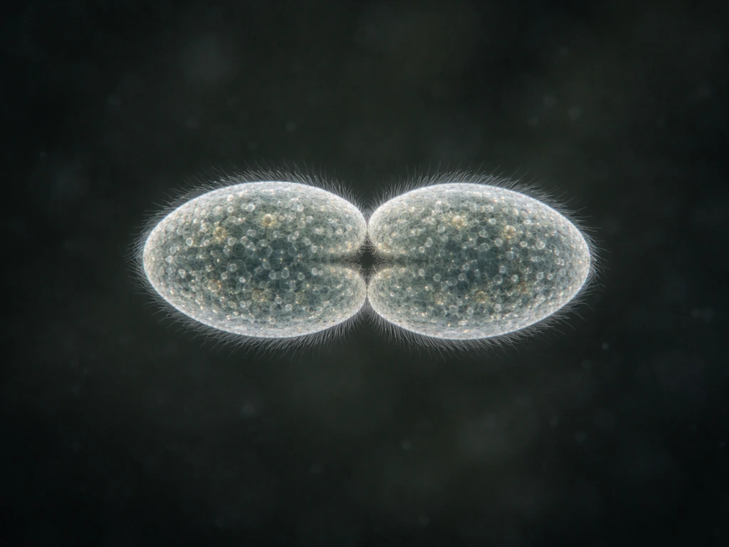 Microscope view of a single Paramecium constricting and splitting into two daughter cells